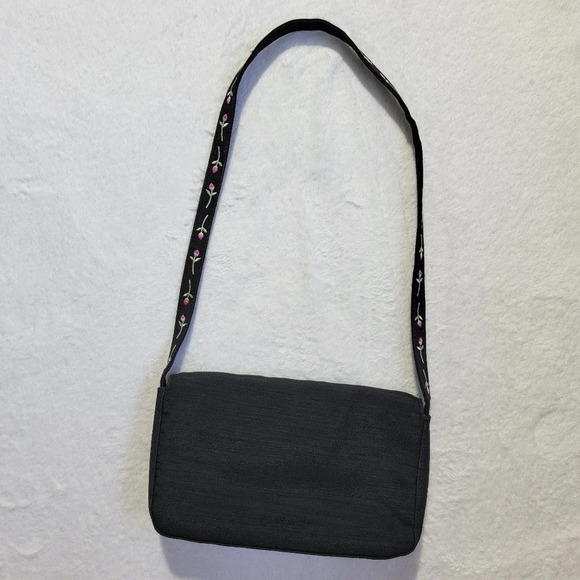 Liz Claiborne Small Satin Black Floral Embroidered Purse Hot Pink Lining - Picture 5 of 12